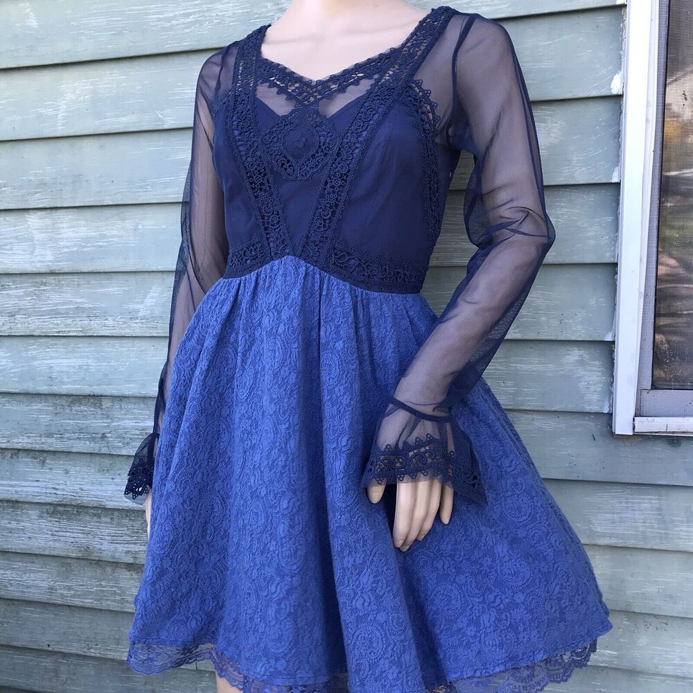 FREE PEOPLE V is for VICTORIAN LACE COCKTAIL DRESS Blue SZ 0 Mesh Coquette XS